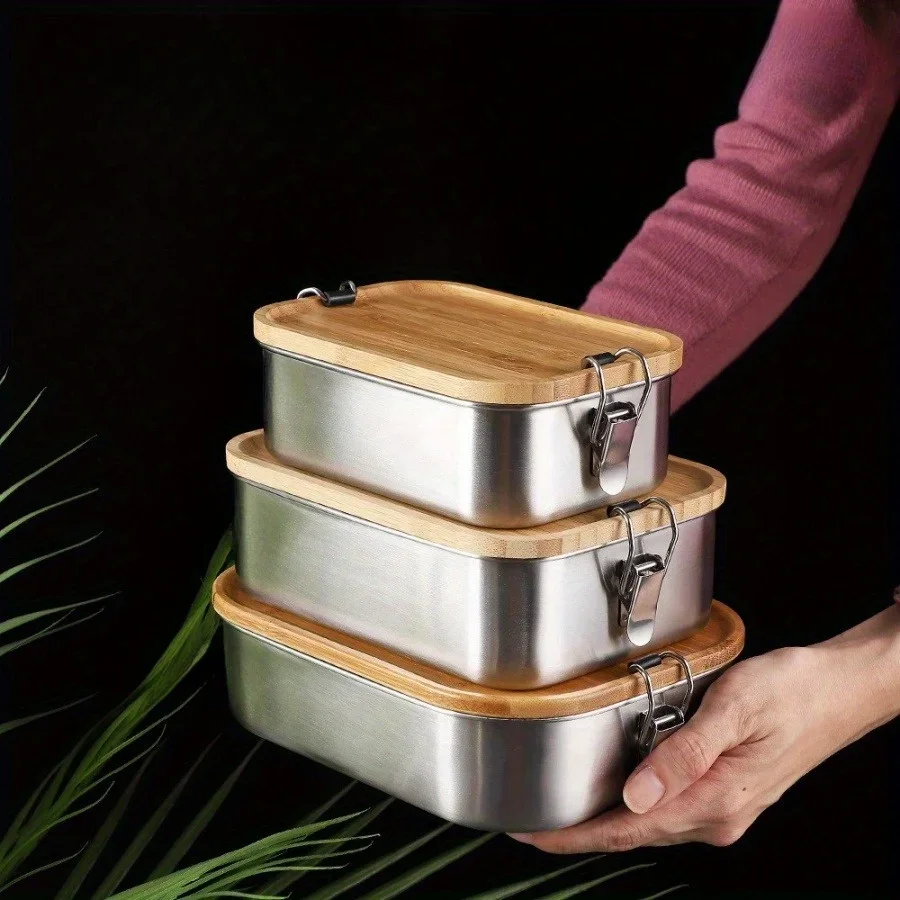 Food Storage Boxes With Lids - Nieuwe 304 Roestvrijstalen Bamboe Deksel Lunchbox,