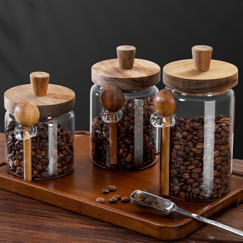 Food Storage Glass Container Set - ABJI-Glazen potten met houten deksels en