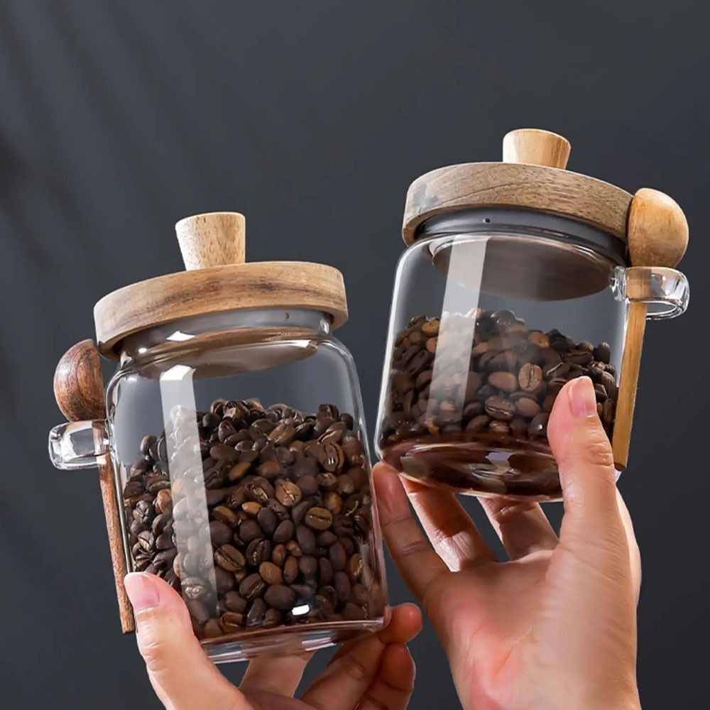 Food Storage Glass Container Set - Vochtbestendige koffiebonenopslagpot met houten deksel Bovenhandvat