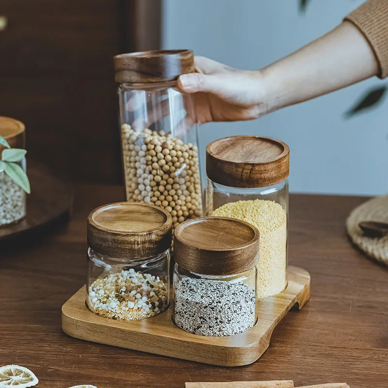 Food Storage Glass Container Set - Houten Deksel Orgnizer Glas Luchtdichte Bus